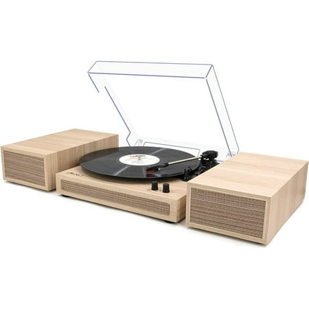 LP&No.1 Record Player, Wireless Turntable with Stereo Bookshelf Speakers,Vinyl Record Player,Support Bluetooth,Auto-Stop,Light Wood