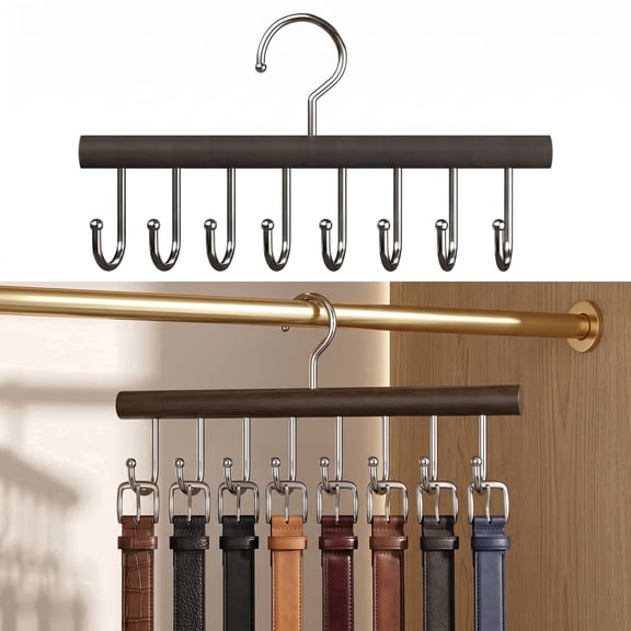 Renyuanyuan Wooden Belt Rack, 8 Hook Belt Hanger for Closet, Multifunctional Wardrobe Accessory Organizer
