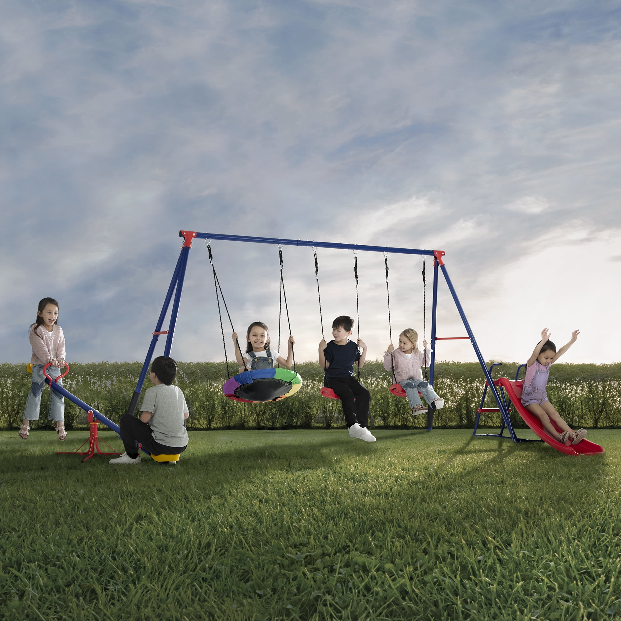 Delta Children FunZone Outdoor Metal 6-Piece Swing Set - Includes 2 Swings,1 Disc/Saucer Swing, Slide and Seesaw/Teeter Totter with 360-Degree Spin, Blue/Red