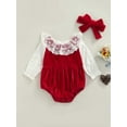 thumbnail image 2 of Michellecmm Baby Girls Two-piece Clothes Set, Wine Red Long Sleeve Lace Hem Romper and Headdress, 0-24 Months, 2 of 9