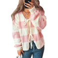 thumbnail image 3 of Chaqueta de Punto Holgada Informal con Cuello en V y Larga para Mujer, Cárdigan de Punto con Cordones y Rayas en Contraste. Rosa M, 3 of 10