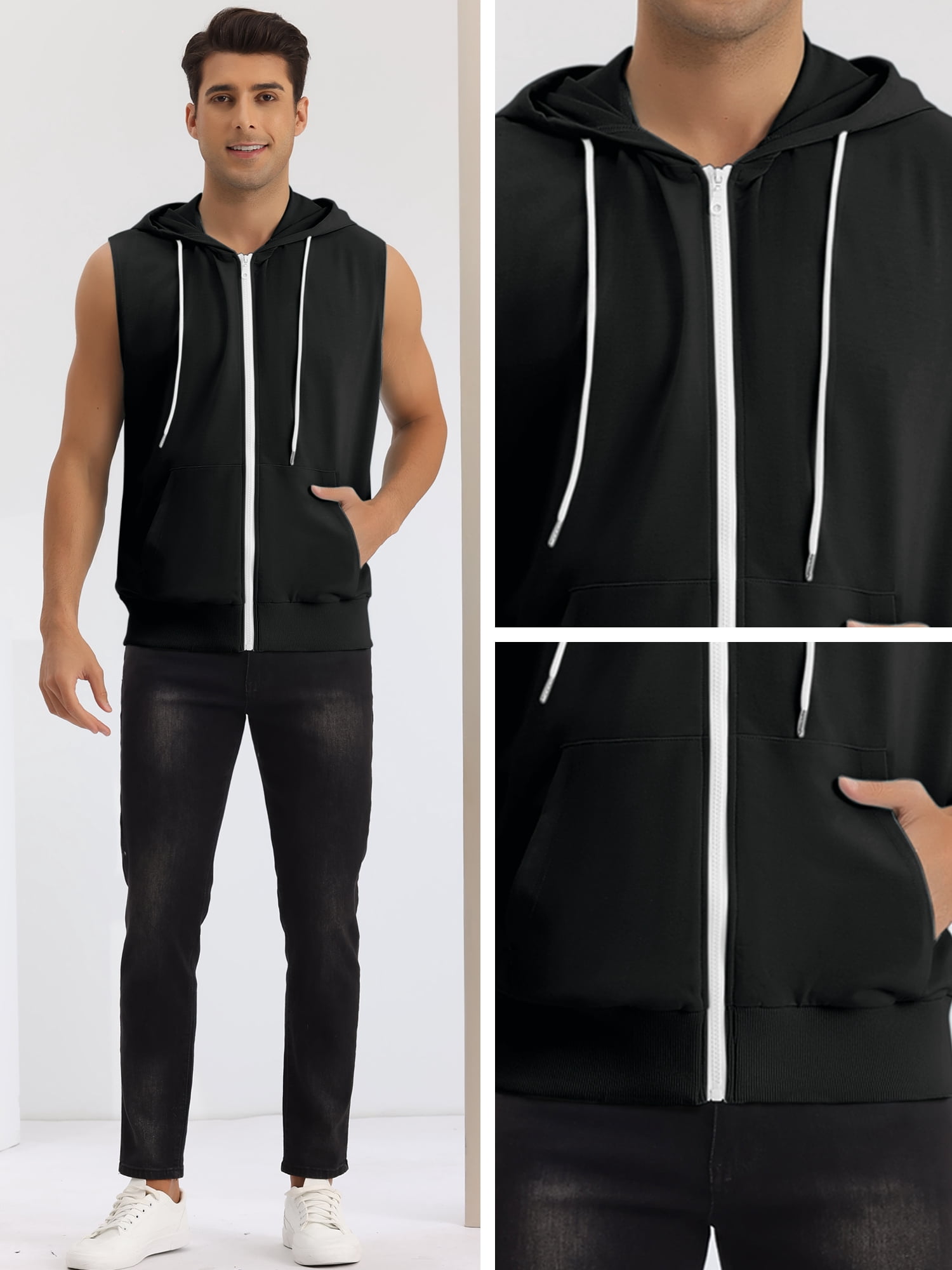 Unique Bargains Men's Sleeveless Hoodie Zipper Drawstring Hooded Sweatshirt Vest L Black