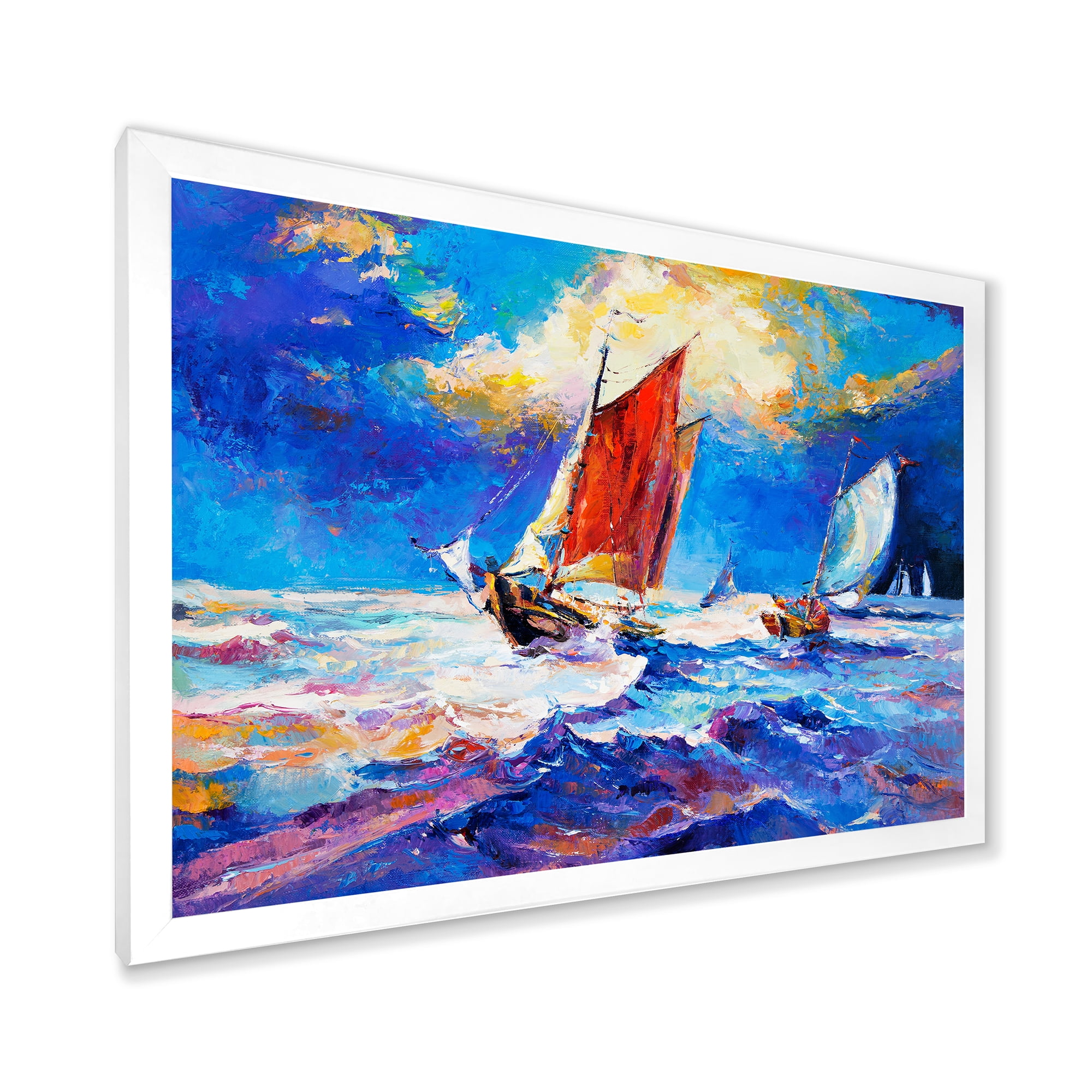 Designart 'Sailships On The Ocean Waves During Evening' Nautical & Coastal Framed Art Print