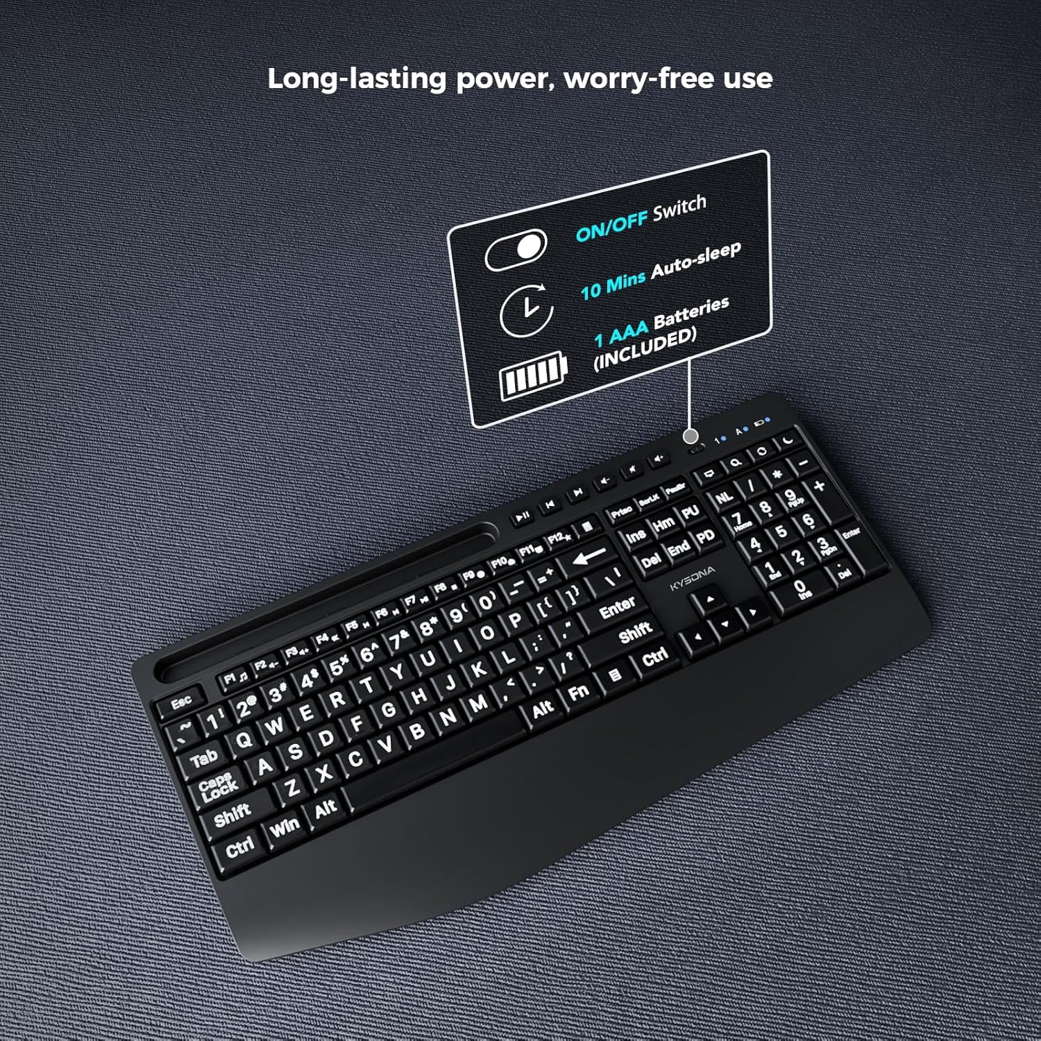 Large Print Wireless Keyboard, Full Size Cordless Computer Keyboard with Phone Holder, Palm Rest, Ergonomic Tilt Angle, 2.4G Plug-and-Play, Compatible Tablet/Windows/Laptop/PC, Black