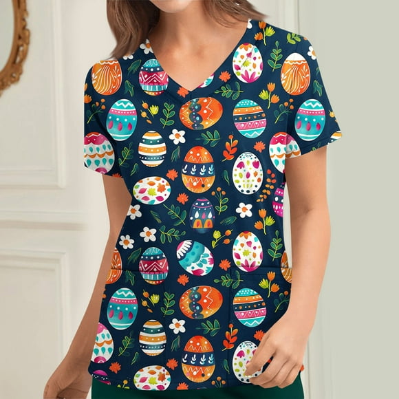 Eiyaclvo Womens Easter Scrubs with Pockets Funny Eggs Print T Shirts Short Sleeve Nursing Uniforms Stretchy V Neck Scrub Tops Holiday Scrubs