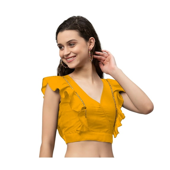 eloria Women Ruffle Sleeveless Saree Blouse V Neck Summer Casual Sari Top Color : Yellow 2, SIZE : 40