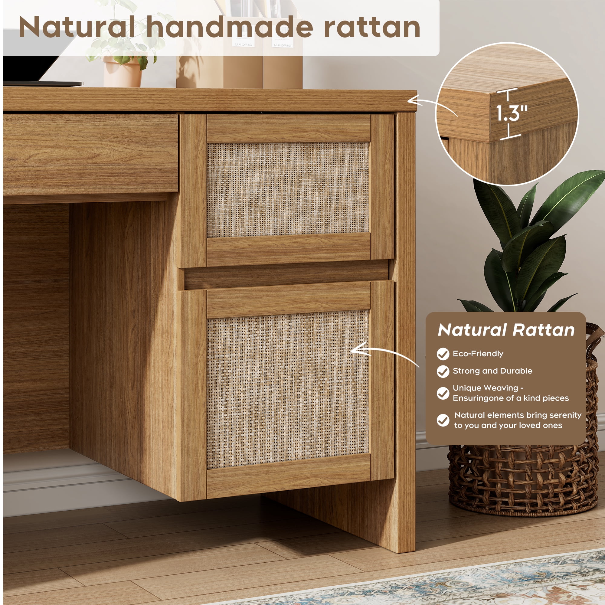 Brafab Home Office Desk with Charging Station, 5-Drawer Executive Desk with Rattan Front, Modern Farmhouse Computer Writing Desk, Built-in USB/Type-C Ports & Outlets