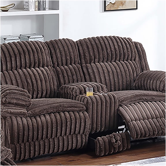 JERFIT Manual Reclining Loveseat with Console, Plush Corduroy Upholstery, Cup Holders & Storage for Living Room, Chocolate