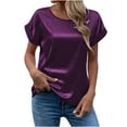 thumbnail image 1 of Hauts en Satin d'Été pour Femmes Col Rond Manches Courtes Tuniques Chemises Unies Décontractées Amples Blouses pour Sorties, 1 of 5