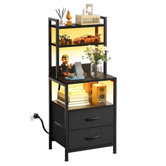 Tomnk Nightstand with 15.7-Inch Shelves, Fabric Side Table with 2 Drawers, Charging Station & LED Lights for Bedroom Living Room, Black