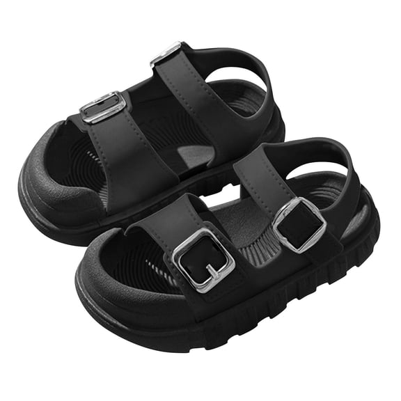 Floleo Toddler Boys Girls Open-Toe Sandals, Adjustable Double Buckle Footwear, Three Tone Non-Slip Thick Sole Kids Summer Beach & Casual Shoes(Black,2.5-3.5 Years)