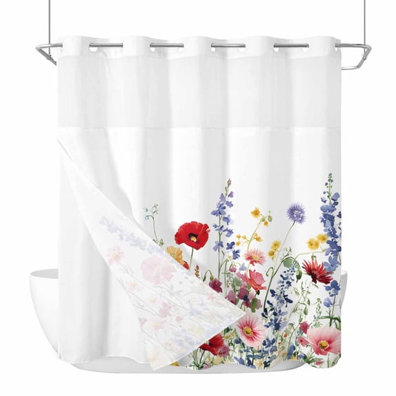 Wildflowers No Hooks Shower Curtain with Snap-in Liner Floral Plants Shower Curtains for Bathroom, Waterproof, Easy Install, Washable 66"x72"