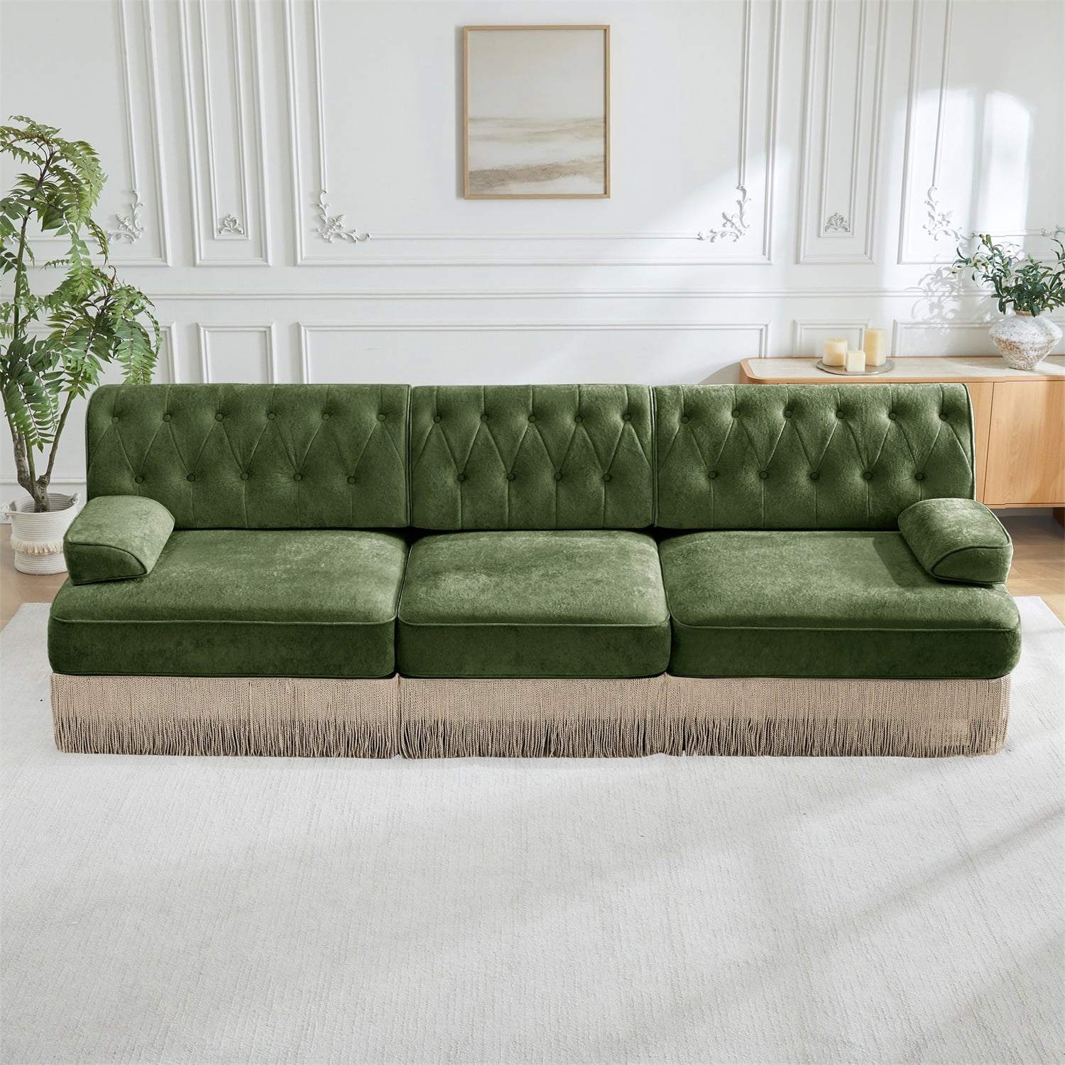 Hommoo 3-Seater Chesterfield Style Velvet Fabric Sofa Couch set, Tufted Button Upholstered Design and Floor-grazing Tassel, Free Combination Sectional Sofa, for Home, Green