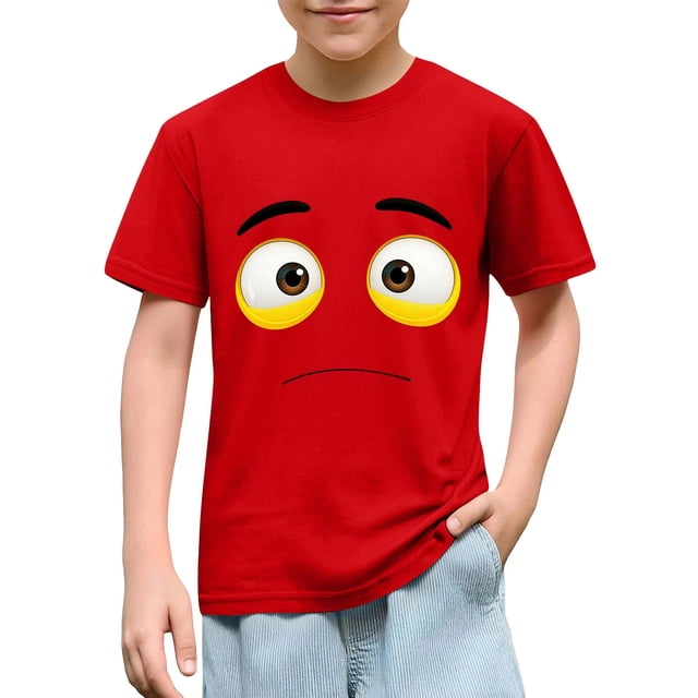 Blusas y camisas de manga corta con cuello redondo para niños y niñas, color liso, con estampado de expresión linda, manga corta, holgadas y cómodas, blusa para niña