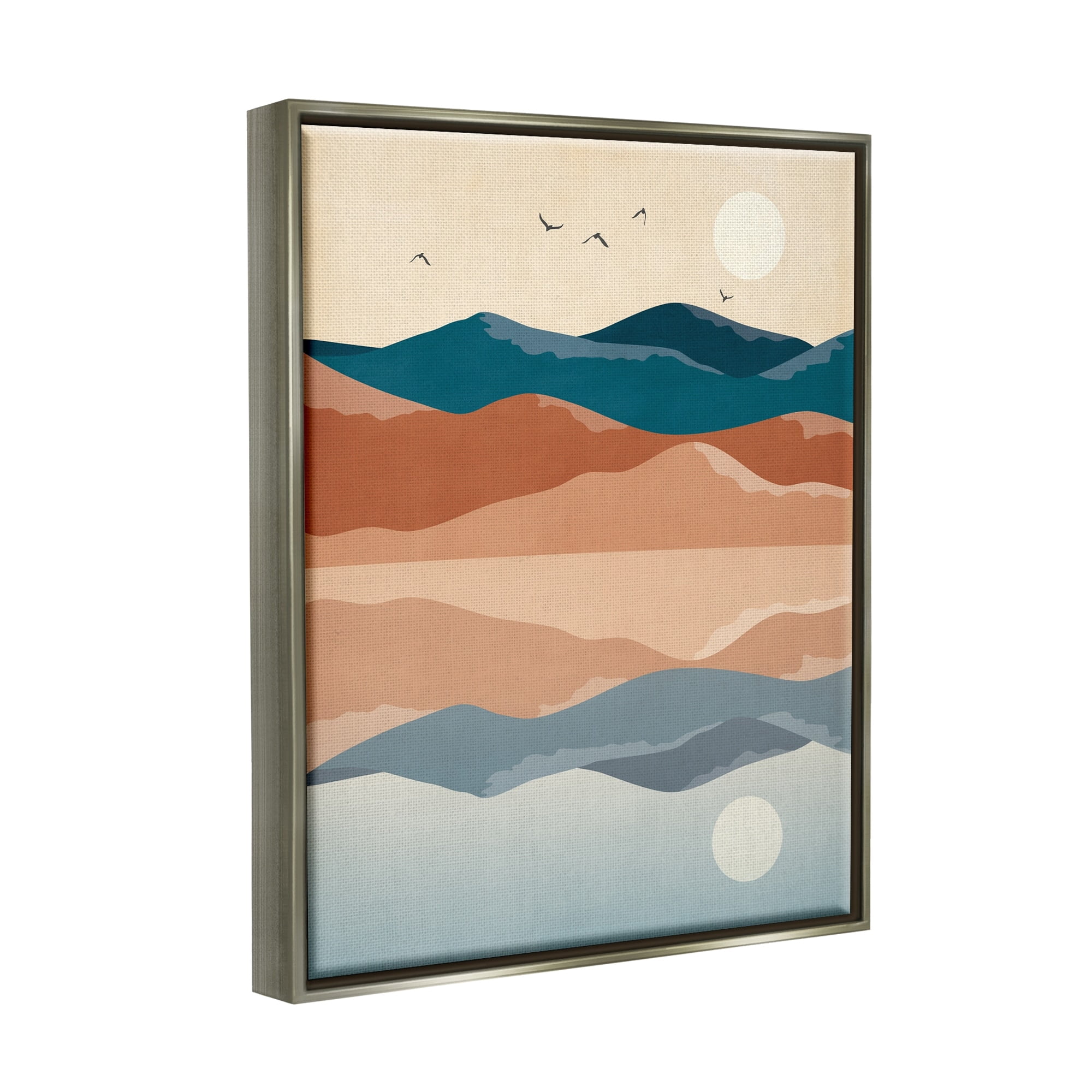 Stupell Industries Birds Flying Over Mountain Peaks Lake Reflection Graphic Art Luster Gray Floating Framed Canvas Print Wall Art, Design by JJ Design House LLC