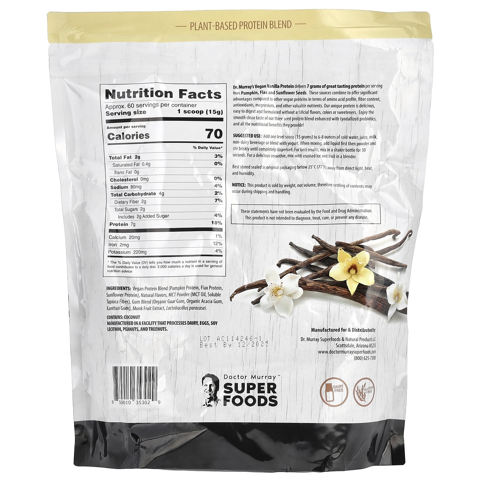 Dr. Murray's Super Foods, 3 Seed Protein Powder, Pumpkin + Flax + Sunflower, Vanilla, 2 lb (908 g)