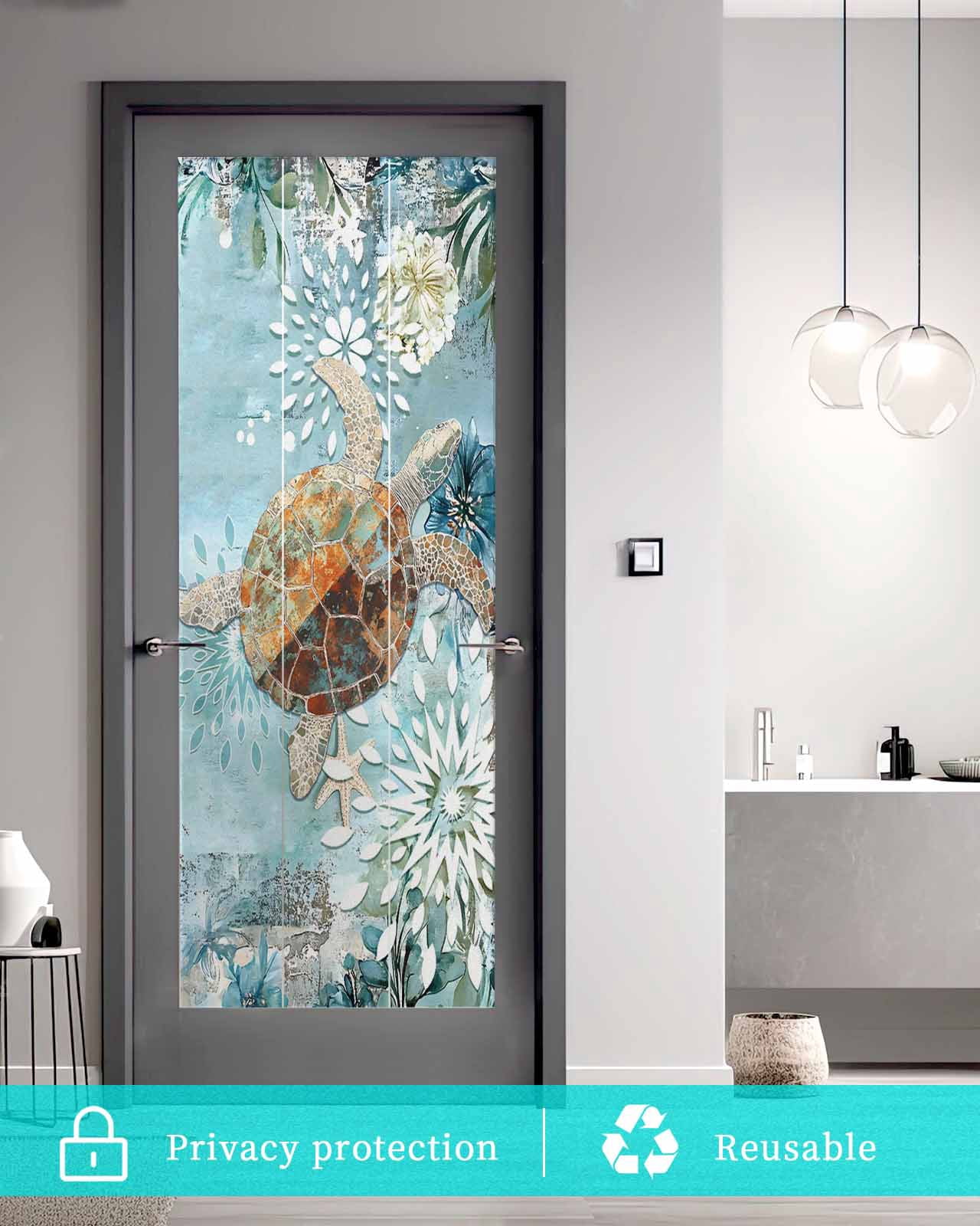 Window Privacy Film Sea Turtle Coastal Stained Glass Window Film Decorative Sun Block Window Cover Teal Nautical Starfish Botanical Window Clings Static Adhesive Sticker for Bathroom 23.6"x59"