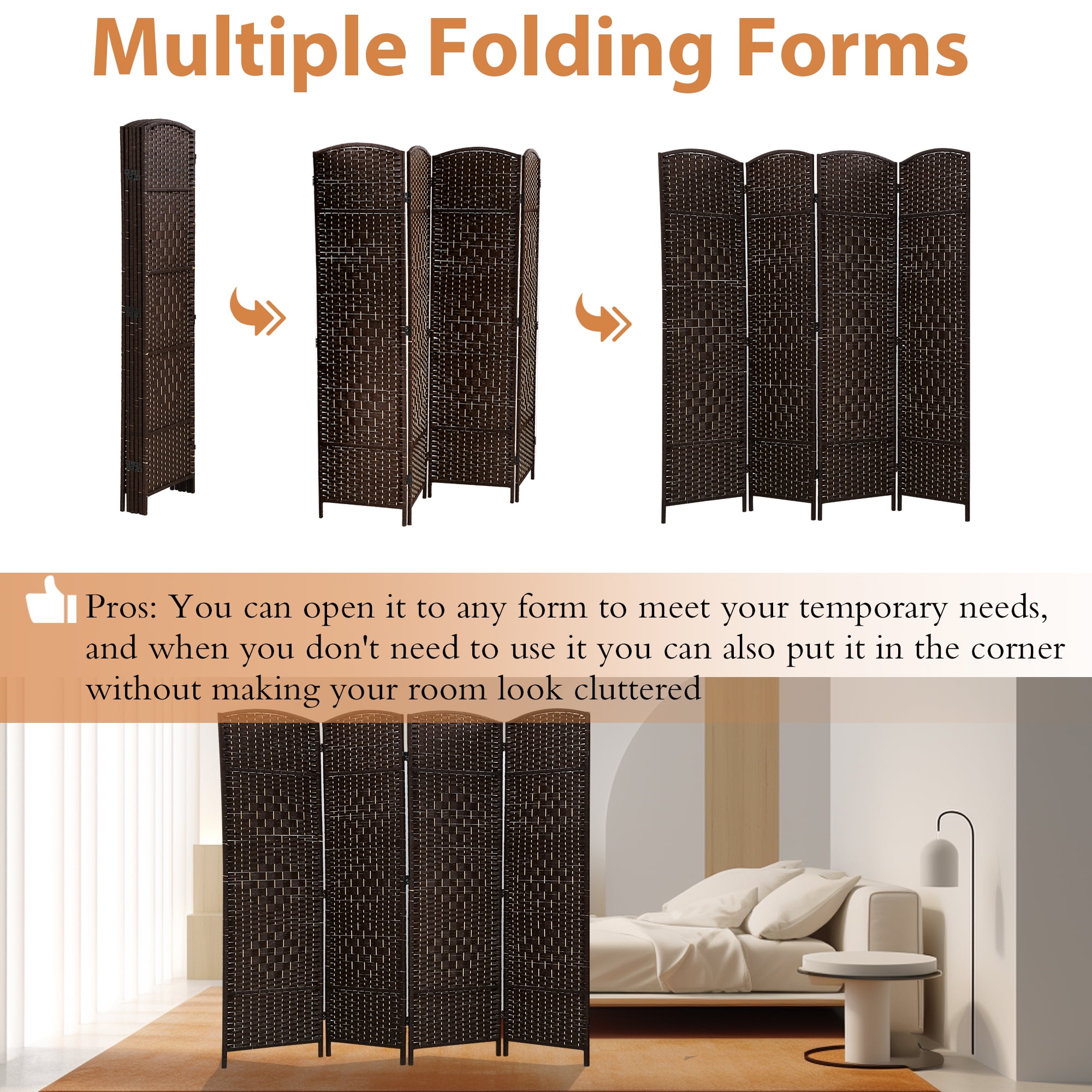 CL.HPAHKL 4 Panel Room Divider, 6 ft Tall Folding Privacy Screen Indoor Room Separators Divider Wall with Double Hinged Panels Portable Partition Wall Divider for Home Office Bedroom, Brown