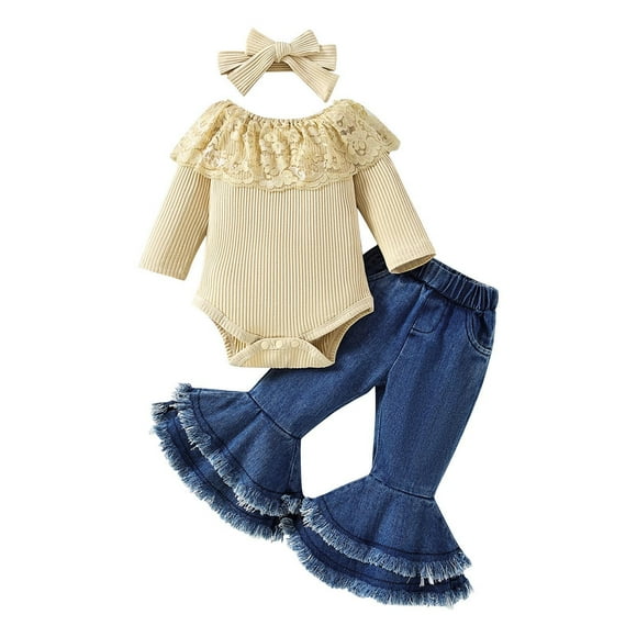 Odeerbi 3M-2Y Niñas Conjuntos Canastilla Encaje Traje Vaqueros Acampanados Con Cinta Para La Cabeza Conjunto Tres Piezas Mono Denim Pantalones Acampanados
