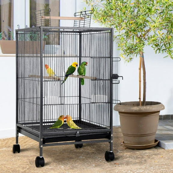 35 inch Birdcage with Stand Parrot Cage for Large Birds Parakeet Cage Wrought Iron Jaulas Para Pajaros with Play Open Top, Bottom Tray, 2 Feeders for Parakeets, Canary, Cockatiel