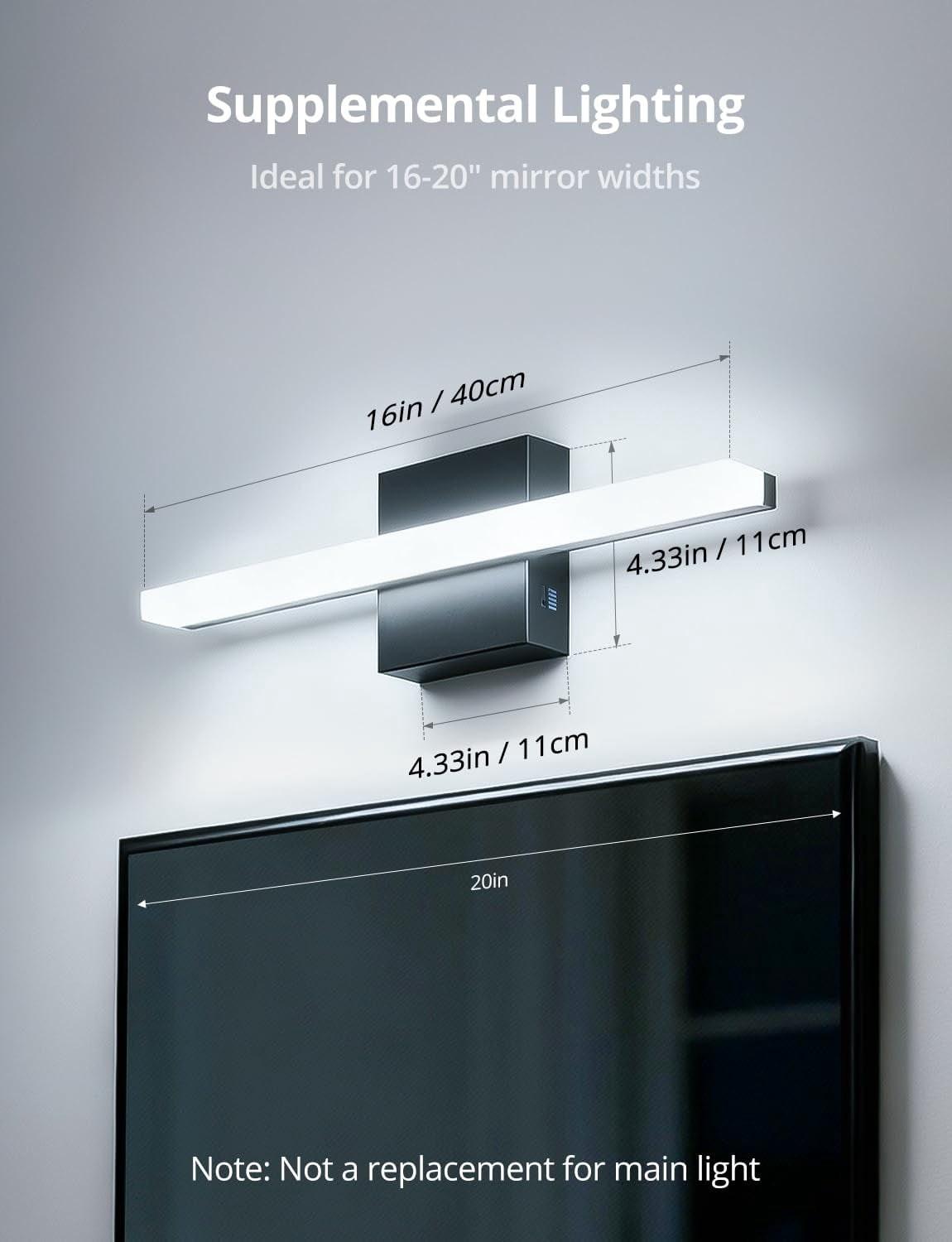 Modern Bathroom Light Fixtures Above Mirror Small Vanity Lighting Bar 16inch  5 Color Adjustable Black Simple Slim Led Wall Sconce Ip44 Rustproof Bright 10w 880lm For Bath Restroom Makeup