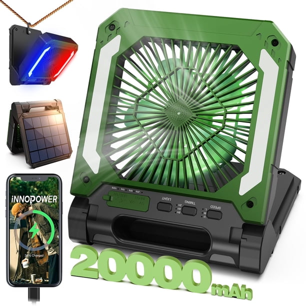 Ventilador solar recargable para acampar de 20000 mAh con linterna LED verde