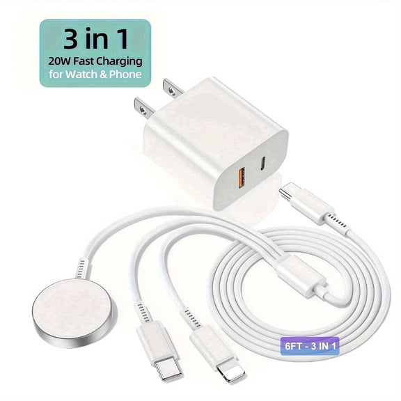 JOZASHON 20W Dual Port 3-in-1 Fast Charging Cable,6ft For Apple Watch & i Phone 15-17 Pro Max/14/13/12/11 (White)