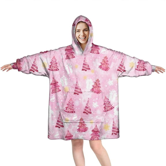 Wearable Oversized Blanket,Pink Christmas Tree Pattern Wearable Blanket Hoodie for Adults,Cozy Hooded Blankets with Super Pockets,Super Warm Fuzzy Pullover for Women & Men