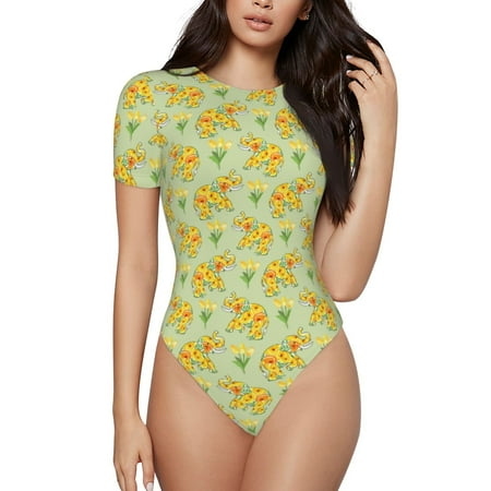 Balery Bright floral elephant Women s Short Sleevee Crew Neck Bodysuit Tops Short Sleeve Tops Basic-X-Large