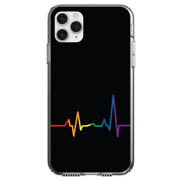 DistinctInk Clear Shockproof Hybrid Case for iPhone 11 Pro MAX (6.5" Screen) - TPU Bumper, Acrylic Back, Tempered Glass Screen Protector - Rainbow Pulse Heart Beat - Show Your LGBTQ Support