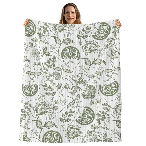 Boho Sage Green Floral Throw Blanket, Flannel Fleece Blanket with Striped Design for Couch, Vintage Farmhouse Paisley Plant Soft Breathable All Season Plush Blankets for Sofa Chair Travel 32"x48"