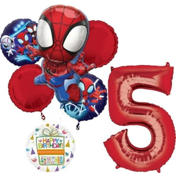 Spidey and Friends 5th Birthday Party Supplies 7pc Foil Balloon Bouquet Decorations