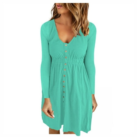 

Juebong Women s Long Sleeve Buttons Pullover Dress Tunic Sweatshirt Women Casual Autumn Solid U Neck Tie Waist Dress