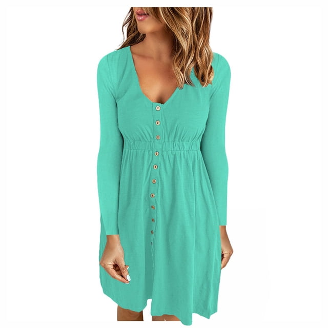 Vestidos Para Mujer Vestidos de Otoño Casual Otoño Sólido Erógeno Cuello en U Botones Manga Larga Cintura Vestido Odeerbi ODB132537