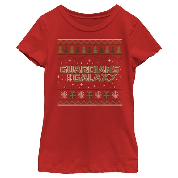 Girl's Guardians of the Galaxy Holiday Special Christmas Sweater Print Graphic Tee Red X Large