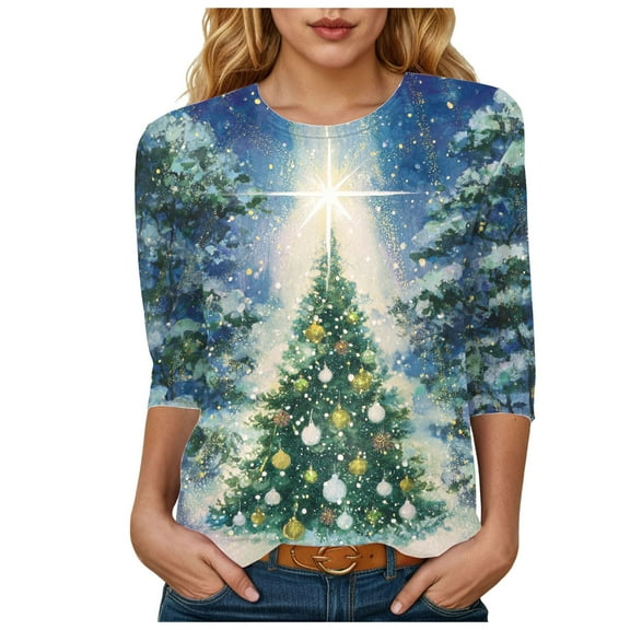 larppty 3/4 Length Sleeve Womens Tops V Neck Xmas T Shirts Dressy Casual Basic Tees 2025 (Light Blue, M)