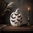 thumbnail image 3 of Halloween Pumpkins Decor, White Pumpkin Figurine Decorations with Black Spider & Bat Accents, Resin Pumpkin Statue for Mantel Shelf Entryway Table, Fall Halloween Home Decor (A), 3 of 4