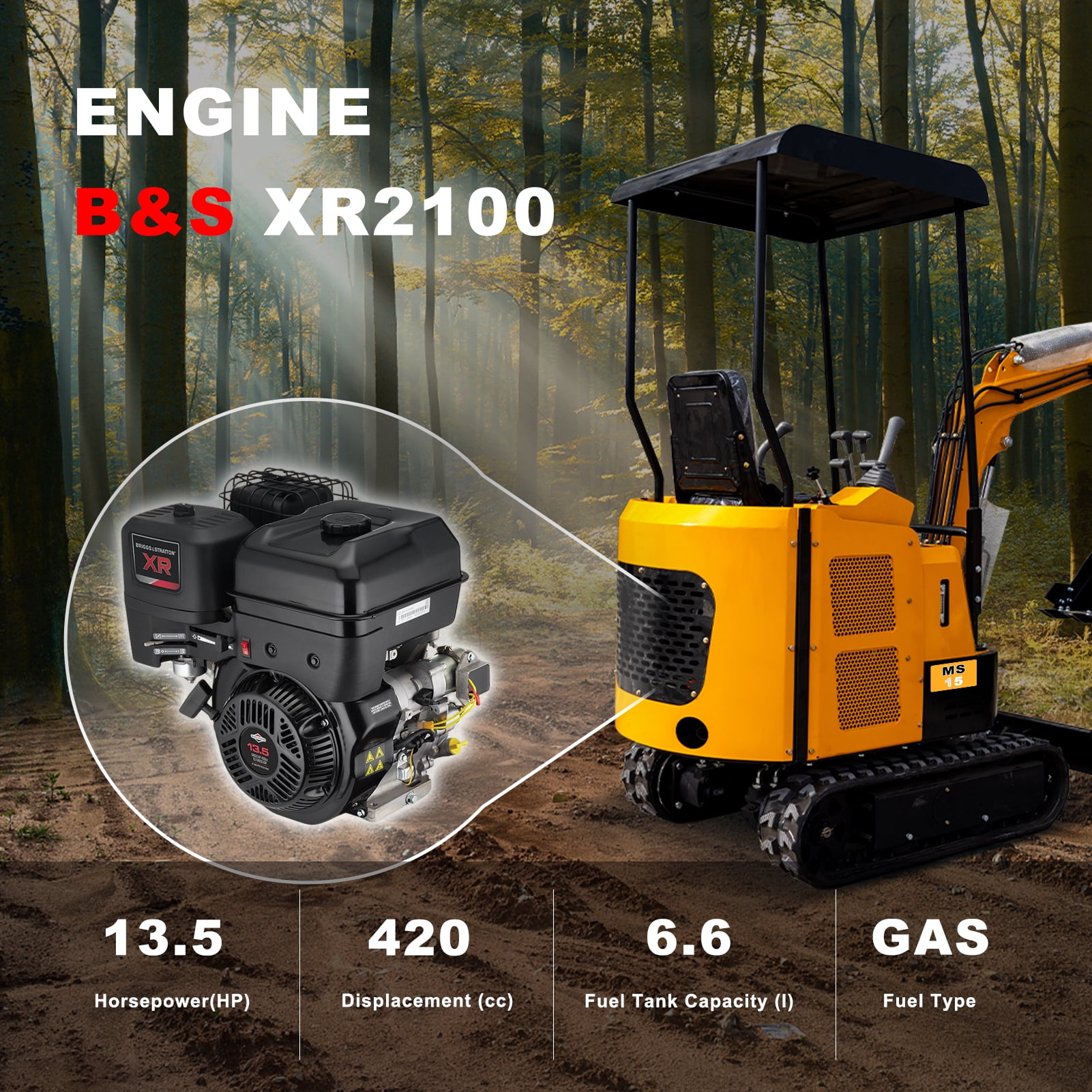 MMS 1.5 Ton Mini Excavator, Pilot Control, Swing Boom, B&S 13.5HP 420cc EPA GAS Engine Crawler Small Digger Machine MS15