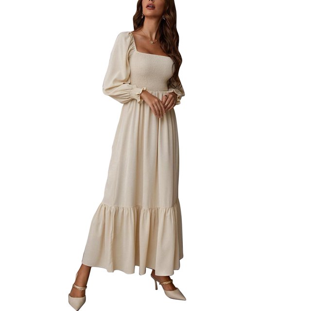 Vestido largo para mujer, cuello cuadrado, busto elástico, mangas largas acampanadas, dobladillo con volantes, espalda abierta, temperamento de cintura alta, vestido largo albaricoque S