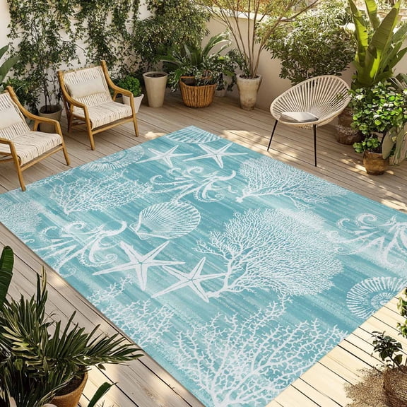 Turquoise Coastal Outdoor Rug for Patio/Deck/Porch, Non-Slip Large Area Rug 4 x 6 Ft, Nautical Coral Starfish Shell Octopus Sea Indoor Outdoor Rugs Washable Area Rugs, Camping Rug Carpet Runner