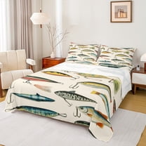 Manfei Fishing Bass Fish Full Size Sheets for Kids, Farmhouse Fishhook Bed Sheets, Retro Lodge Cabin Sheet Sets, Breathable Home Decor, 4 Pieces