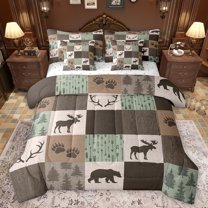 Homewish Rustic Pine Tree 7pcs Bedding Comforter Set,Jungle Wildlife Bear Moose Queen Bedding Sets,Brown Green Queen Sheet Sets For Kids,Microfiber Bedroom Decor Reversible