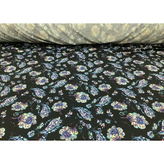 Printed DTY Spandex Stretch Apparel Fabric Black Slate Blue Paisley Floral J313