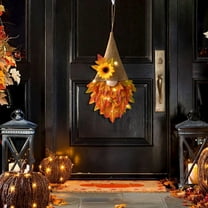 Autumn Wreath, Gnome Sunflower Door Hanging Wreath with Maple Leaves And String Lights Pendant, Suitable for Farmhouse Indoor and Outdoor Thanksgiving, Christmas Harvest Festival Home Decor.