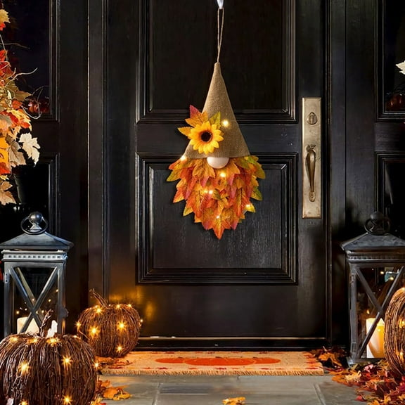 Autumn Wreath, Gnome Sunflower Door Hanging Wreath with Maple Leaves And String Lights Pendant, Suitable for Farmhouse Indoor and Outdoor Thanksgiving, Christmas Harvest Festival Home Decor.