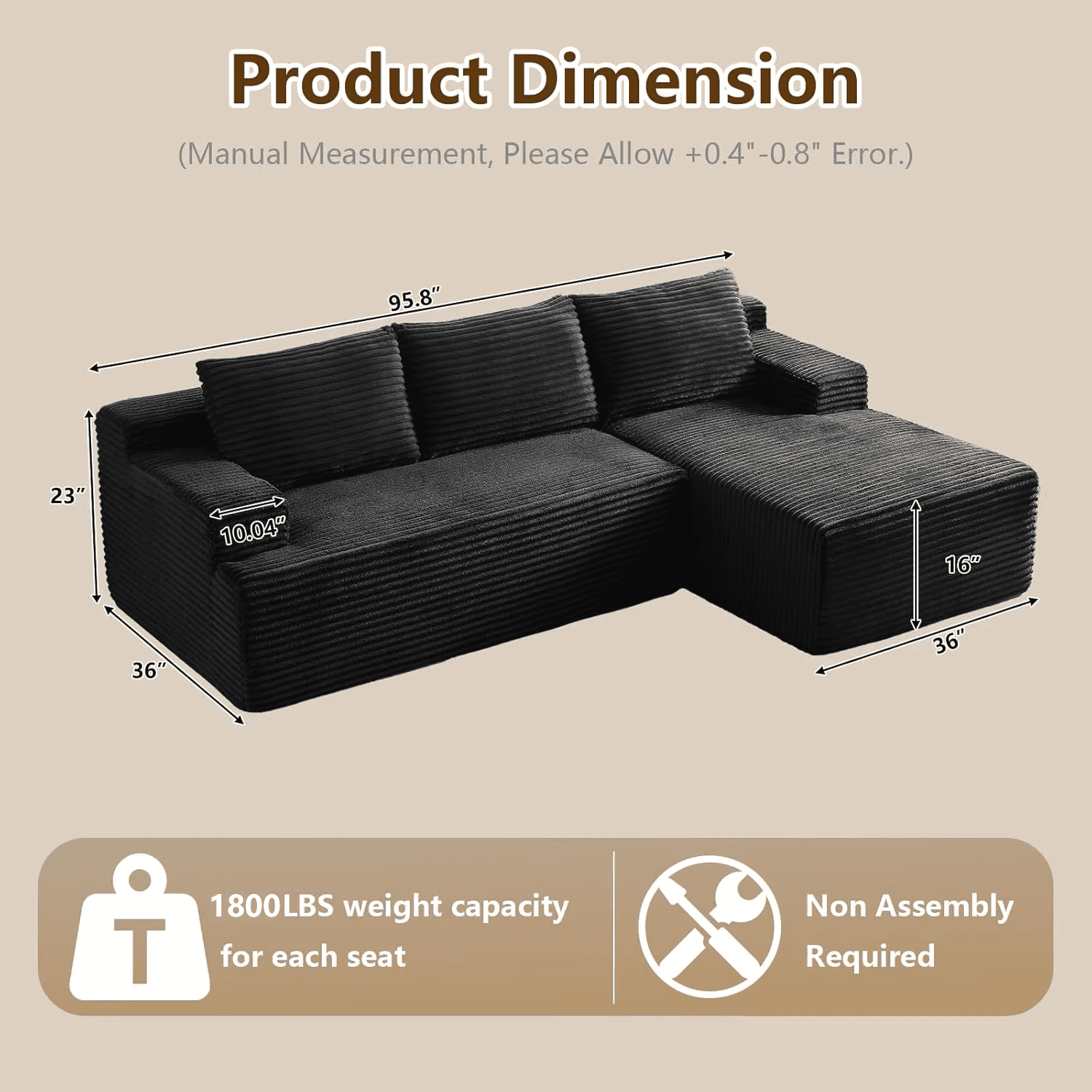 96" Boneless Cloud Couch with Chaise, Modular Sectional Sofa for Living Room, No Assembly Required, Deep Seat Corduroy Couch, Black