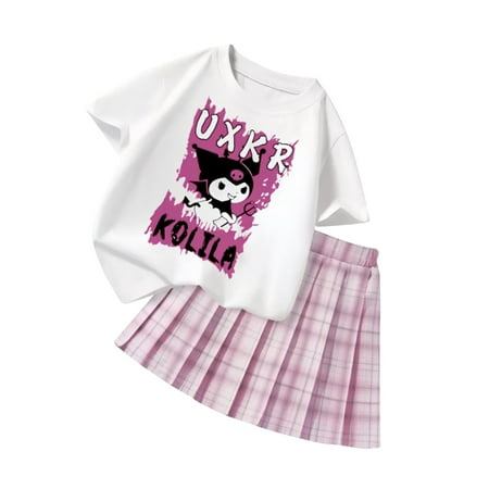 Ku-romi Girls 3 Piece Outfits Cartoon Crewneck Long Sleeve Pullover Sweatshirt + Plaid Pleated Mini Skirt + Bag Sets