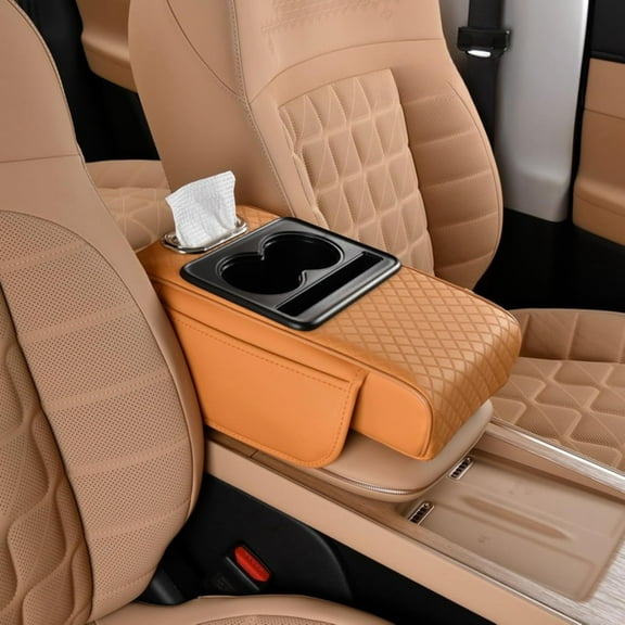 Car Center Console Cover Booster Multifunctional Car Center Console Cushion Pad with Cup Holder & Tissue Box & Side Pockets Arm Rest Cover for Car, Embossed, Beige