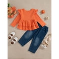 thumbnail image 3 of 18 Months Baby Girls Clothes 24 Months Girls Fall Winter Pant Set Toddler Girls Long Sleeve Round Neckline Solid Color Top Jeans Pants 2PCS Outfits Set Orange, 3 of 9
