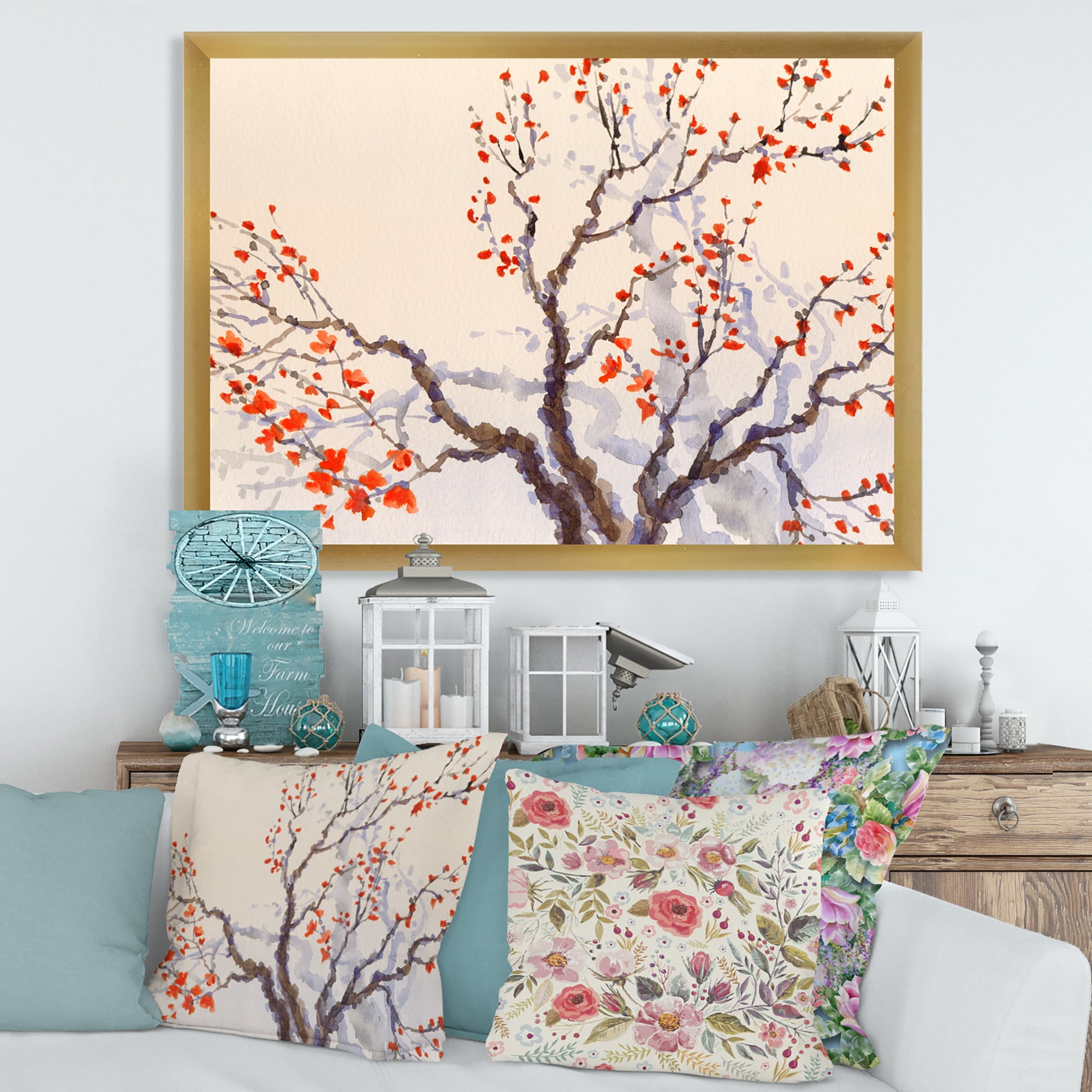 Buds and Red Flowers On The Spring Blossoming Tree 32 in x 16 in Framed Painting Canvas Art Print, by Designart